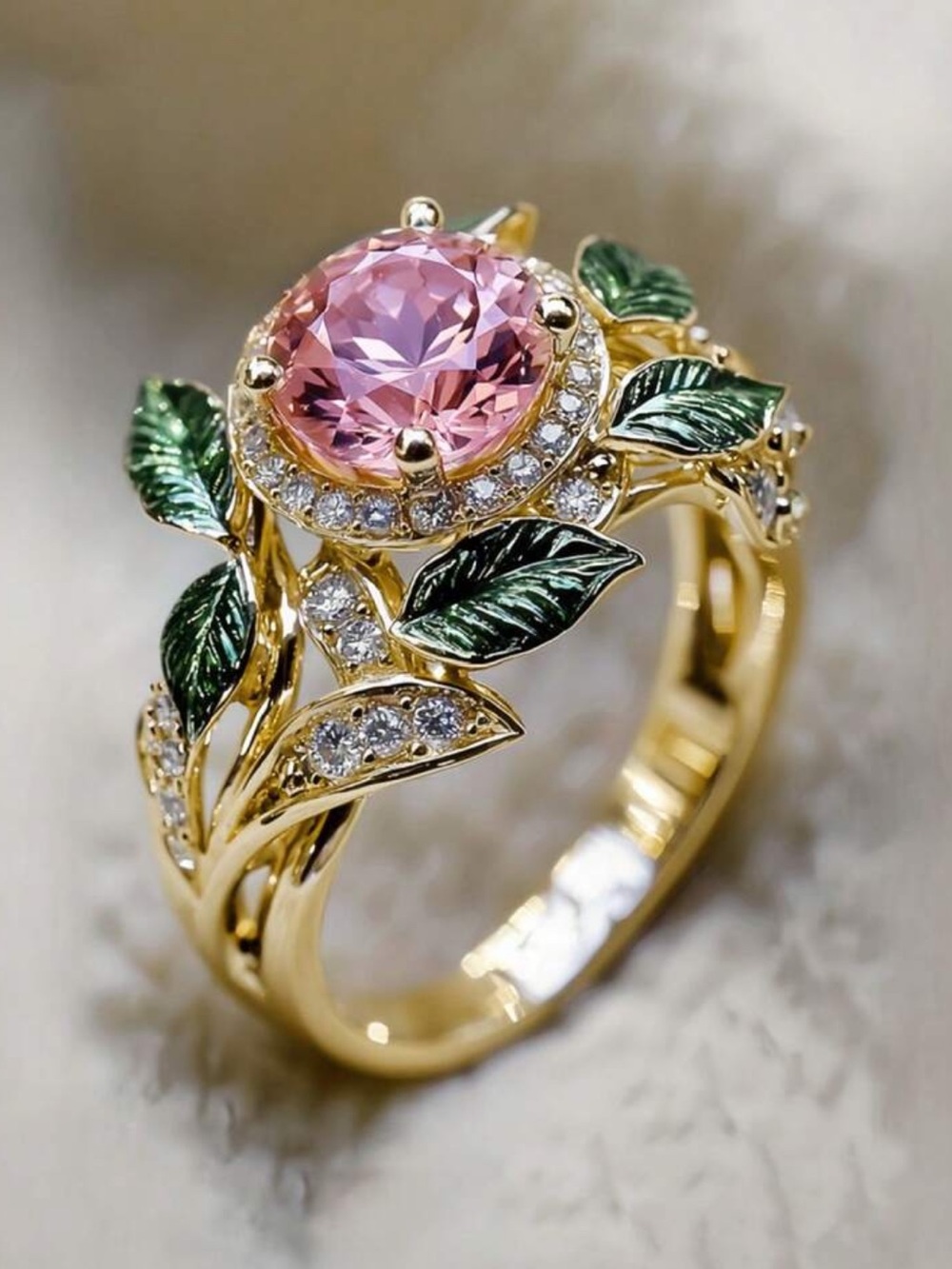 Elegant Gold Pink Floral Leaf Ring - Designer Style
